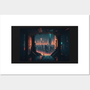 Abstract Cyberpunk City View from Inside Posters and Art